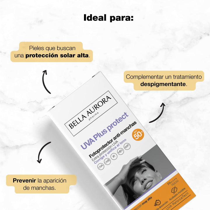 BELLA AURORA - UVA plus Protect, Protector Solar Facial Antimanchas SPF50+, Protección Solar Antimanchas Para Cualquier Tipo De Piel
