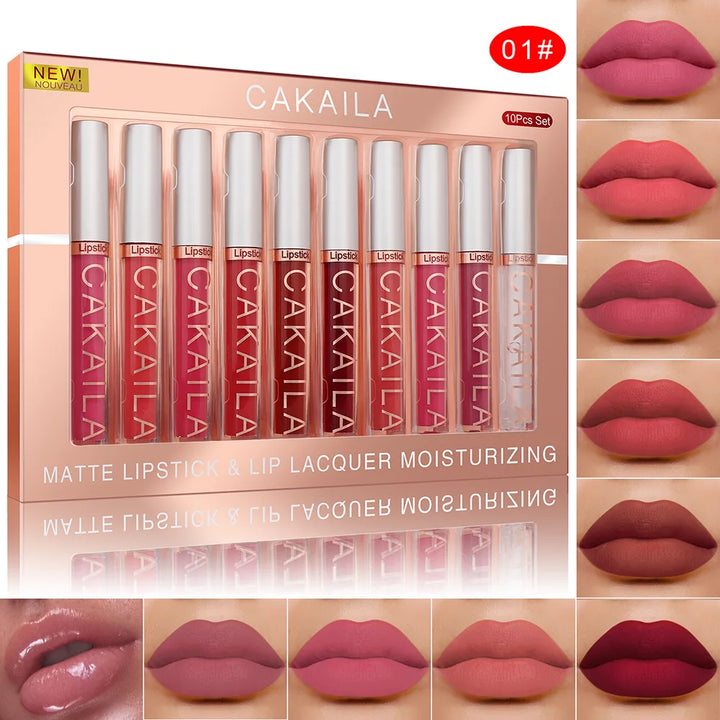 💋 CAKAILA Set de 10 Labiales Nude - Brillo Mate Aterciopelado | Resistente al Agua y Larga Duración | Hidratante para Mujeres