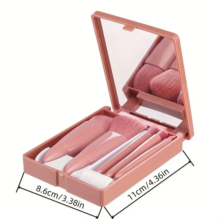 Set Premium de 5 Brochas de Maquillaje con Espejo - Kit Profesional de Viaje Plegable