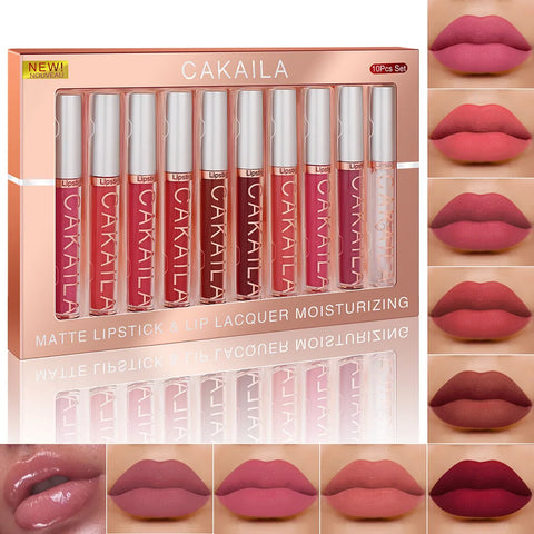 💋 CAKAILA Set de 10 Labiales Nude - Brillo Mate Aterciopelado | Resistente al Agua y Larga Duración | Hidratante para Mujeres